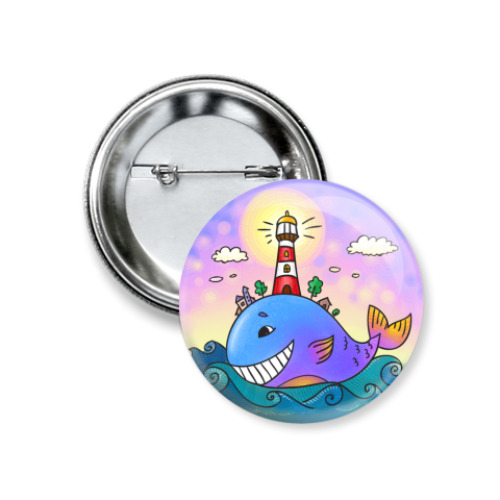 Значок 37мм с принтом «Кит и маяк»