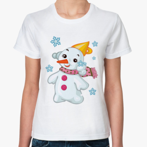 Классическая футболка Снеговик и снежинки