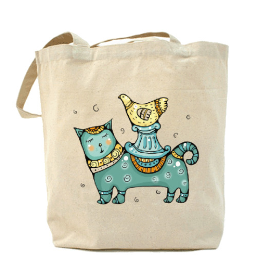 Сумка шоппер с принтом Кот и птичка