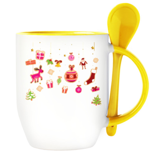 Кружка с ложкой с принтом Новогодние печеньки