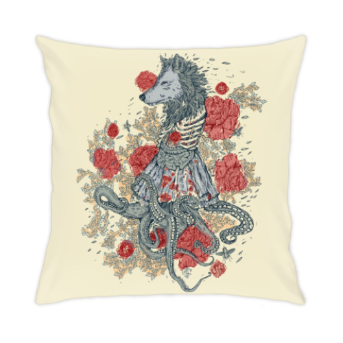 Подушка с принтом Волк-девушка-осьминог