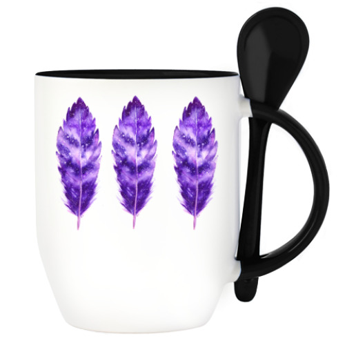 Кружка с ложкой с принтом Космическое перо маджента