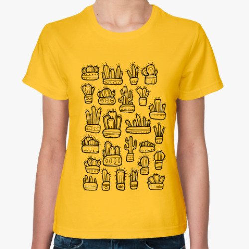 Женская футболка с принтом Коллекция смешных кактусов в горшочках