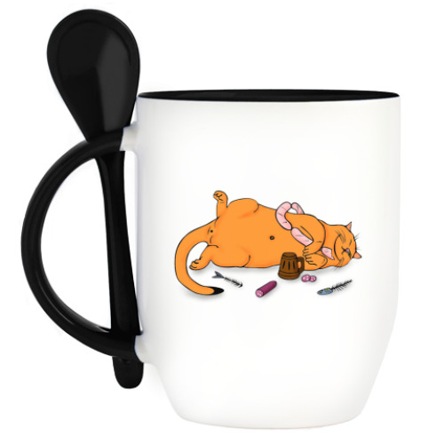 Кружка с ложкой 'Сытый кот'