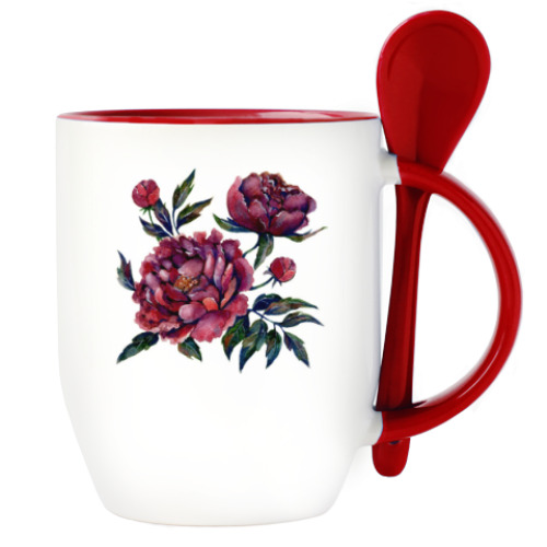 Кружка с ложкой с принтом Пионы
