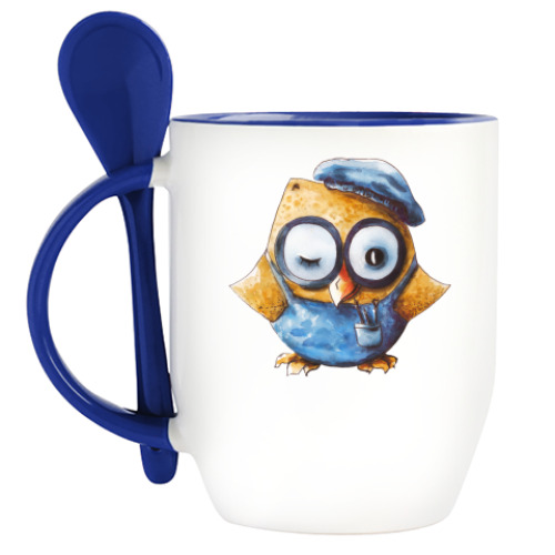 Кружка с ложкой с принтом Совята - художники