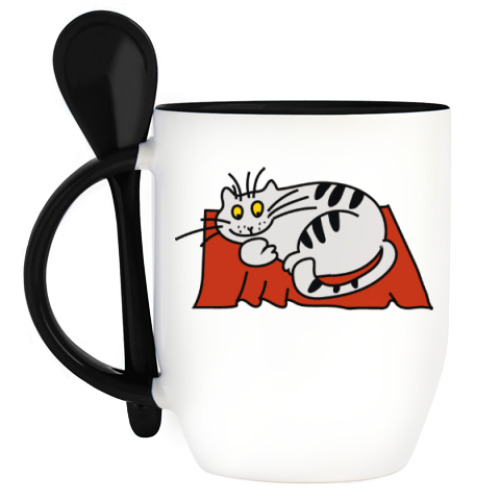 Кружка с ложкой с принтом 'Кот на коврике'