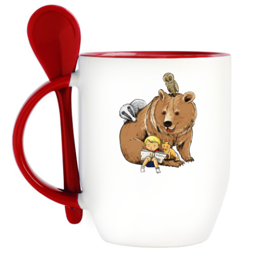 Кружка с ложкой с принтом животные и мальчик
