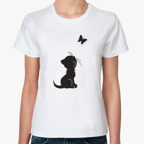 Классическая футболка с принтом Котенок и бабочка