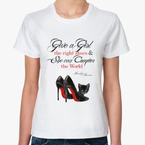 Классическая футболка с принтом Лабутены, котенок, Мэрилин Монро, туфли