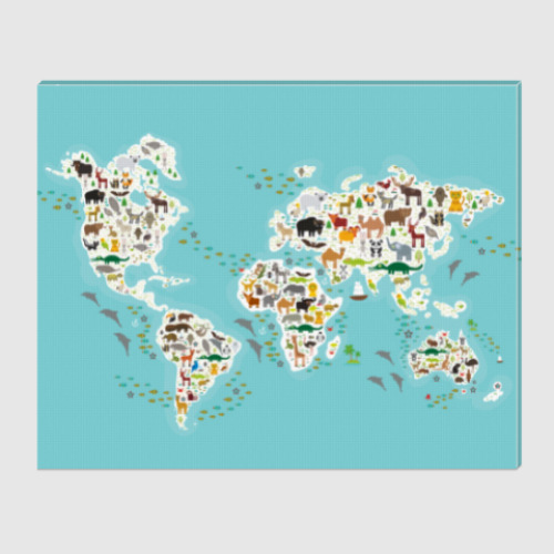 Холст карта мира с животными