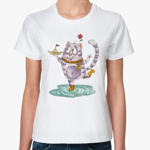 Классическая футболка Весна, кот и бумажный кораблик