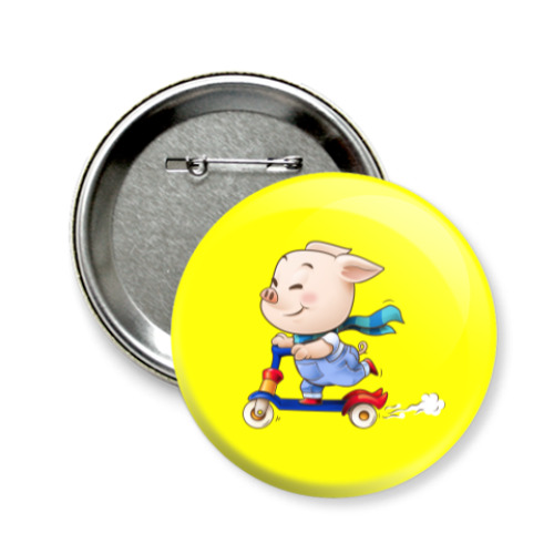 Значок 58мм с принтом Хрюндель на самокате