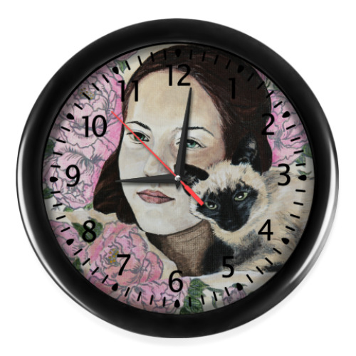 Настенные часы В пионах с кошкой