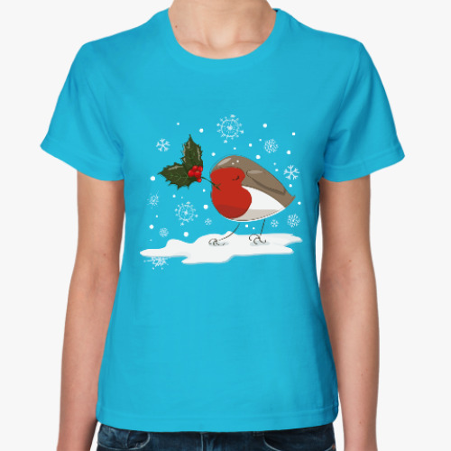 Женская футболка Рождественская птица малиновка