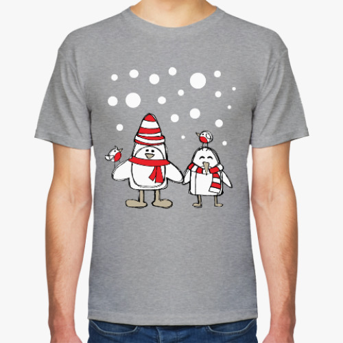 Футболка с принтом Пингвины и снегири в Новый год