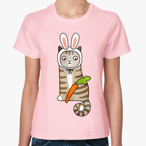 Женская футболка с принтом Кот веган в шапке с заячьими ушами