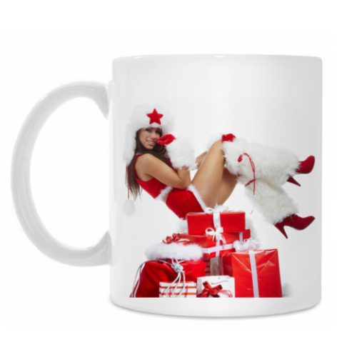 Кружка с принтом Новогодняя девушка на подарке