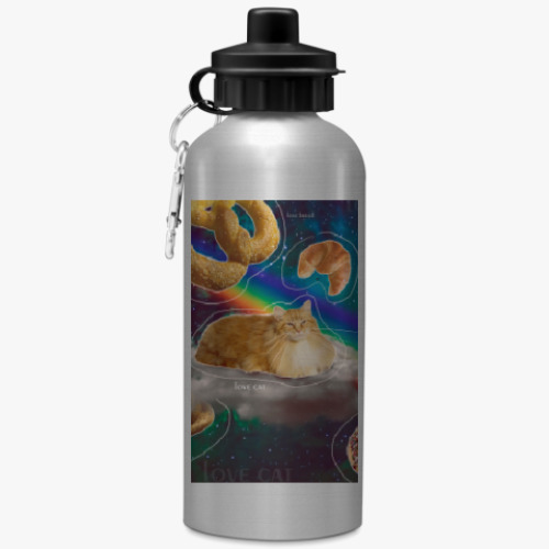 Бутылка с карабином (500 мл) с принтом Космический кот на облаке