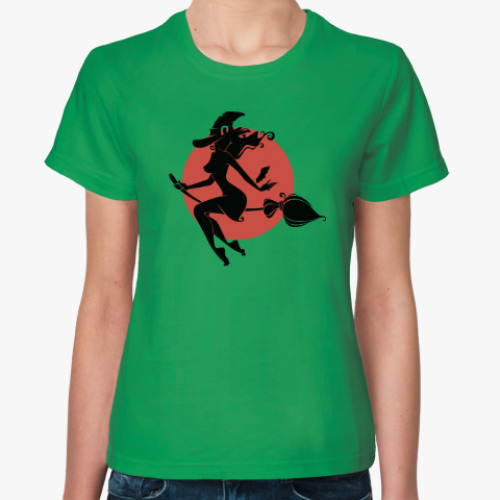 Женская футболка с принтом Ведьма на метле, полнолуние