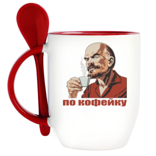 Кружка с ложкой с принтом Ильич и кофе