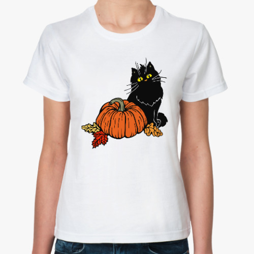 Классическая футболка с принтом Кот и тыква