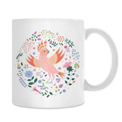 Кружка с принтом Какаду среди цветов