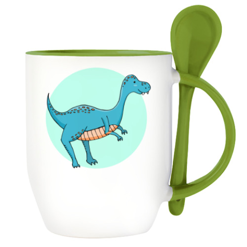 Кружка с ложкой с принтом Динозаврик