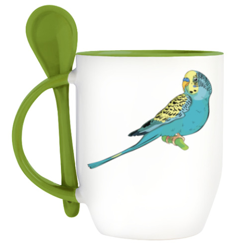 Кружка с ложкой с принтом parrot wavy