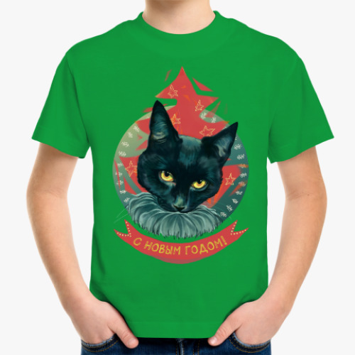 Детская футболка Новогодний черный кот