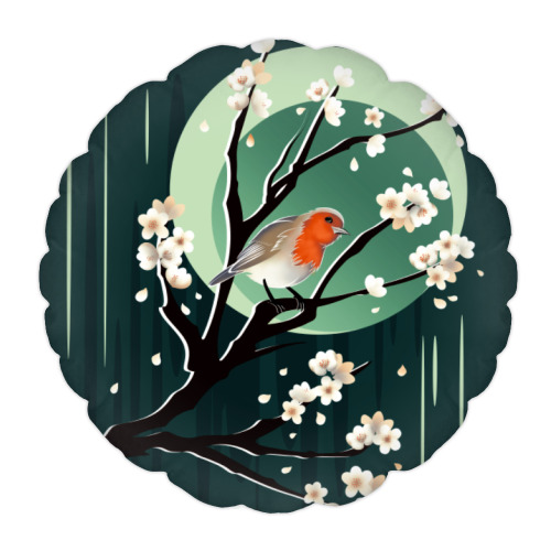 Подушка с принтом малиновка на ветке яблони