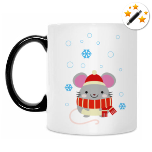 Кружка-хамелеон с принтом Мышь со снежинками