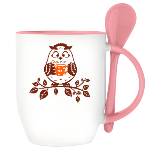 Кружка с ложкой с принтом Сова