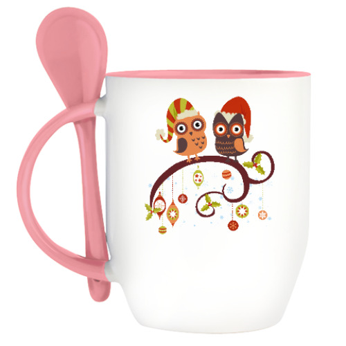 Кружка с ложкой с принтом Две совы зимой
