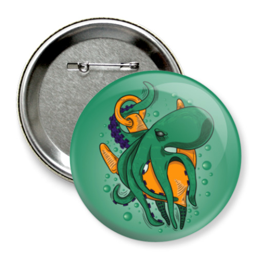 Значок 75мм Морское чудовище осьминог обвивший якорь под водой