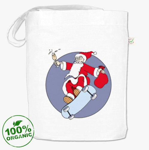 Сумка шоппер Новогодний принт с Дедом Морозом. Санта на скейте