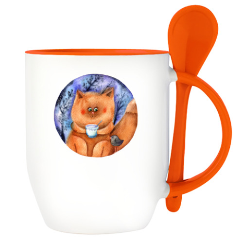 Кружка с ложкой с принтом акварельная иллюстрация, кот