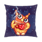 Подушка 35x35 см с цветной обратной стороной Сова с чаем и снежинками