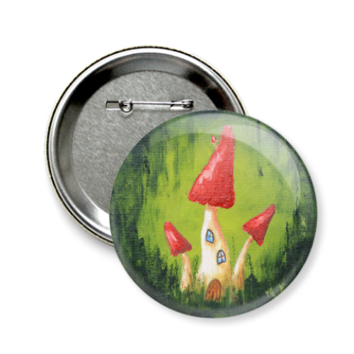 Значок 58мм с принтом Грибные домики