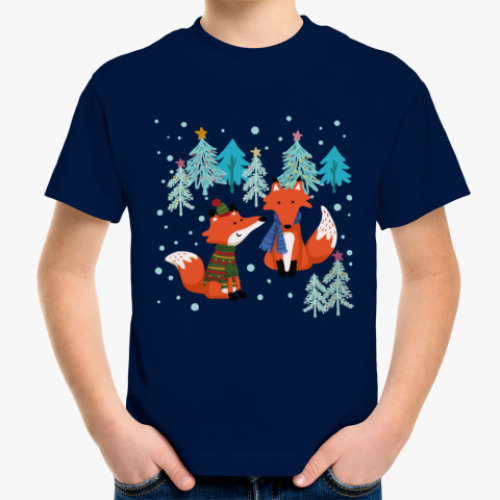 Детская футболка Новогодние лисы в зимнем лесу