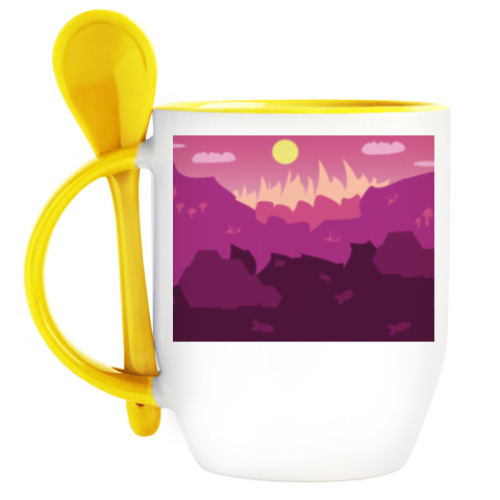 Кружка с ложкой с принтом Горный пейзаж