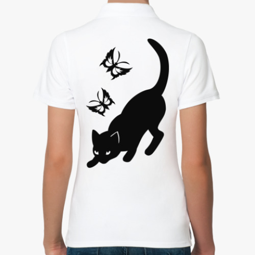 Женская рубашка поло (печать) с принтом Котик с бабочками