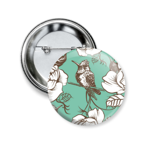 Значок 50мм с принтом Колибри среди цветов