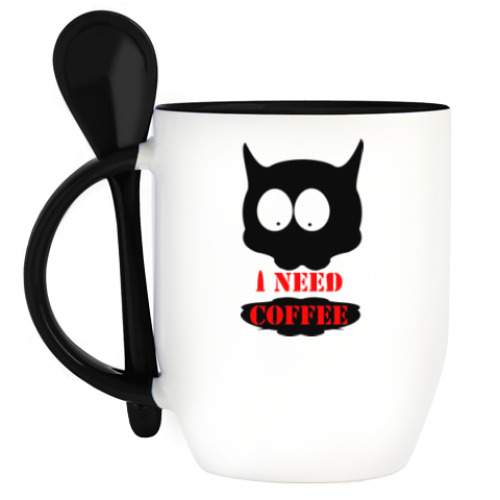 Кружка с ложкой Cat 'i need coffee'