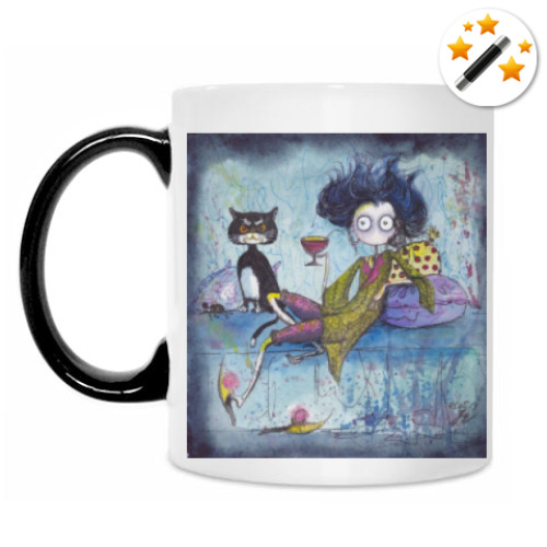 Кружка-хамелеон с принтом Девочка и кот учёный