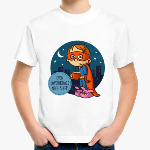 Детская футболка с принтом EVEN SUPERHEROES NEED SLEEP