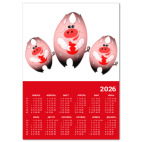 Календарь A2 2026, красный Свинни Хрю с елочной игрушкой