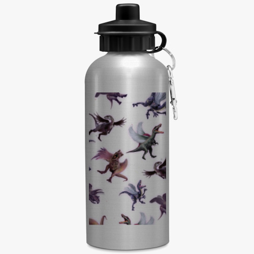 Бутылка с карабином (500 мл) с принтом Динозавр, крылья, арт, искусство, рисунок