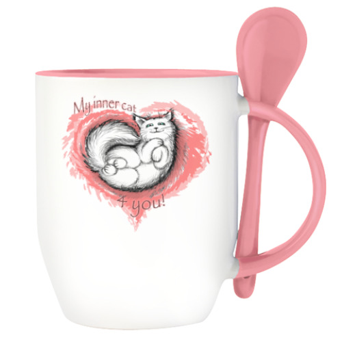 Кружка с ложкой с принтом Мой внутренний кот - для тебя!