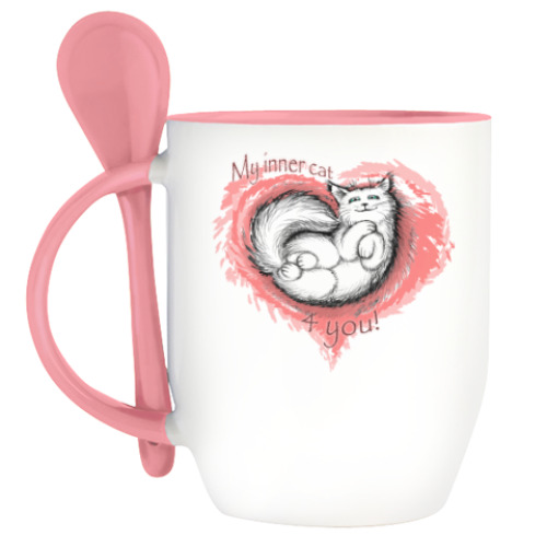 Кружка с ложкой с принтом Мой внутренний кот - для тебя!